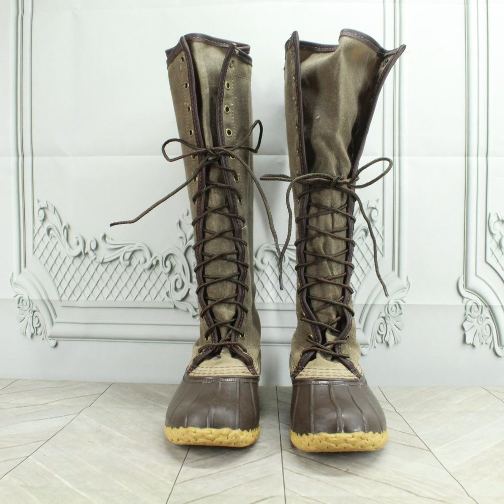 LL Bean Green Canvas Waxed Coated Waterproof Tall Duck Boots Size 6 Medium - Picture 4 of 9